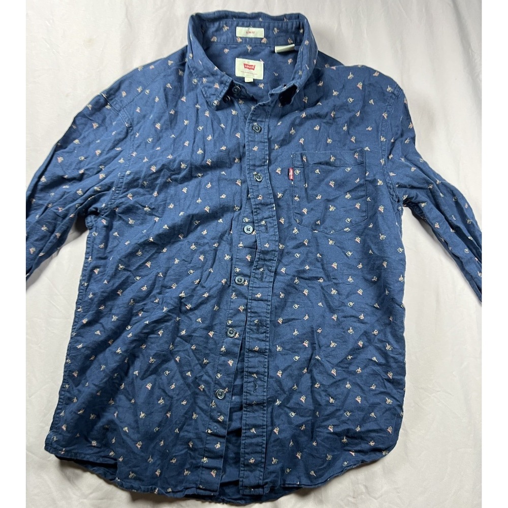 Levi's Mens Small S Navy Blue Micro Print Long Sleeve Slim Fit Button Down Shir